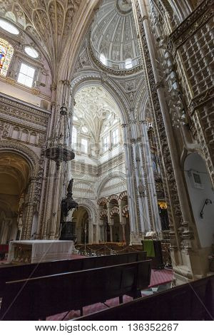 Cordoba - Spain - June 10, 2016 : Cathedral White Ceiling Dome Mezquita Cordoba Spain. Created In 78