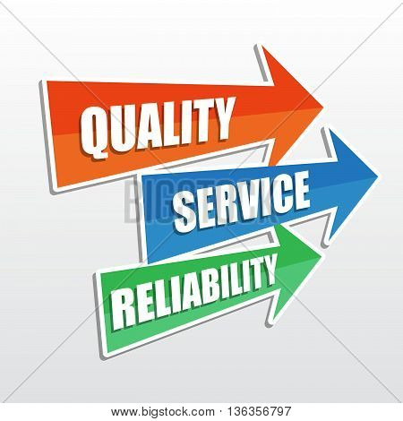 quality, service, reliability - text in arrows, business concept, flat design, vector