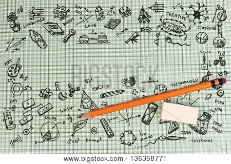 Education Sketch Design On Notebook With Copy Space. Education Concept Thinking Doodles Icons Set. S