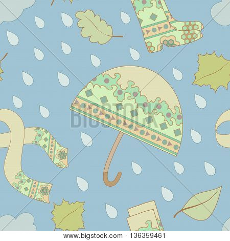 vector spring seamless pattern with the image of the umbrella scarf rubber boots falling leaves