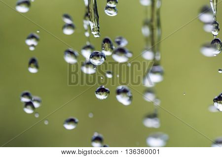 Falling drops in outdoor. Shallow depth of field.