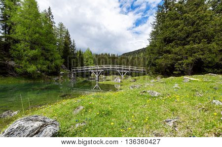 Green meadow with wooden footbridge in the background at lake Obernberg in the Austrian Alps