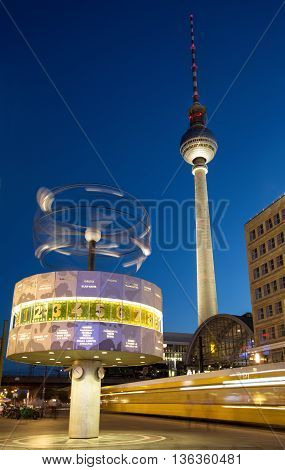 Berlin Alexanderplatz by night with TV Tower and world clock