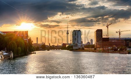 View from the Oberbaum Bridge in Berlin, Germany, at sunset