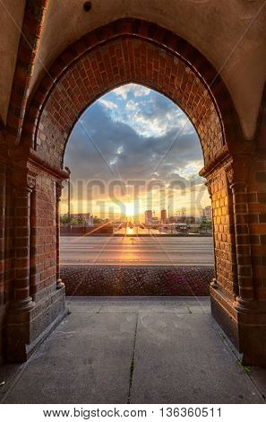 View towards the skyline of Berlin from the Oberbaum Bridge