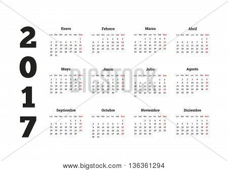 2017 year simple calendar in spanish isolated on white