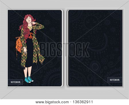 Coloring print Hippie girl notebook. Beautiful illustration bohemian gir for design, print coloring, polygraphy. boho style. Style 1960s -1970s page