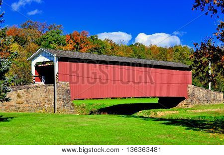 East Earl Township Pennsylvania - October 19 2015: 1878 Burr arch-truss Weaverland Road Covered Bridge *