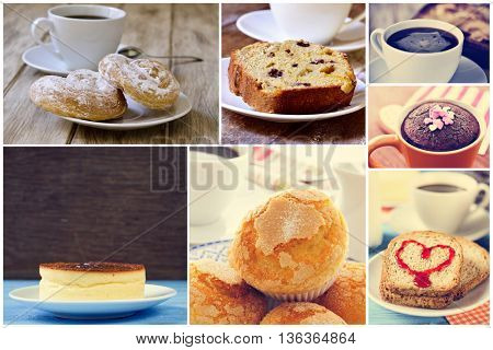 a collage of set pictures of different sweet food served with coffee or tea, such as a some spanish ensaimadas, a cheesecake, a chocolate mug cake, an apple pie or some muffins