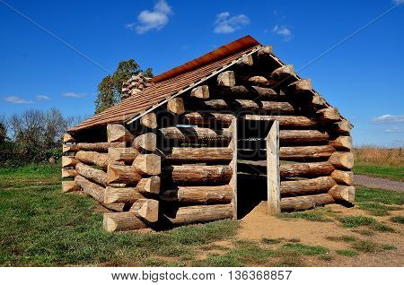 Valley Forge Pennsylvania - October 15 2015: Wooden log cabin replica which housed Continental Army soldiers during the 1777-78 Revolutionary War winter encampment at Valley Forge