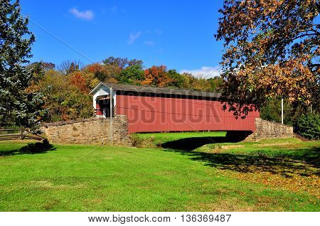 East Earl Township Pennsylvania - October 19 2015: 1878 Burr arch-truss Weaverland Road Covered Bridge