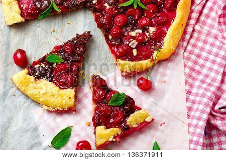 gallet with cherry and chocolate. top view. style rustic. selective focus