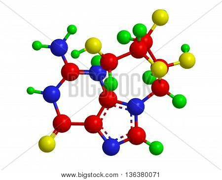 Molecular structure of guanosine - purine nucleoside comprising guanine attached to a ribose 3D rendering