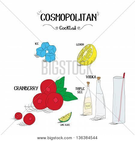 how to make a Cosmopolitan cocktail set with ingredients for restaurants and bar business vector illustration