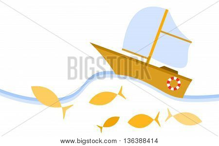 Yellow cartoon style sailboat. The boat is sailing in the sea among fish. Vector illustration.
