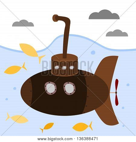 Brown submarine with periscope diving under water in a sea among yellow fish. Cartoon vector illustration.