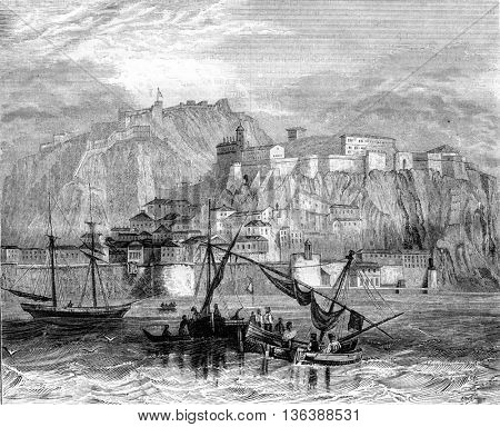 Nafplion Romania, vintage engraved illustration. Magasin Pittoresque 1843.