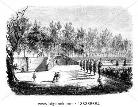 The Garden of the Cabaret Renard, the Tuileries, vintage engraved illustration. Magasin Pittoresque 1852.