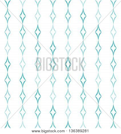 Abstract geometric pattern of light blue curved diamonds set in vertical stripes on white background. Seamless repeat.