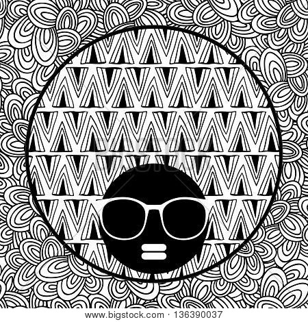 Doodle pattern with black skin woman in sunglasses for coloring. Vector illustration. Portrait of pretty afro girl with cool hair.