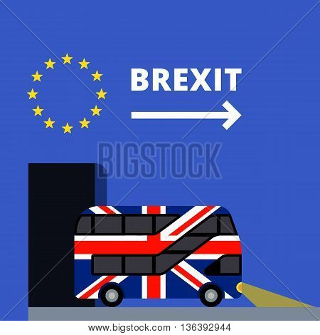 Double-decker bus painted in the United Kingdom flag colors flat color illustration. UK leaves the tunnel painted in the colors of the European Union flag with stars. Brexit text with arrow.