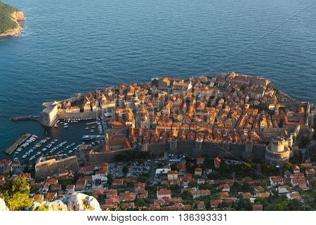 Aerial view of Dubrovnik old town from Mount Srd
