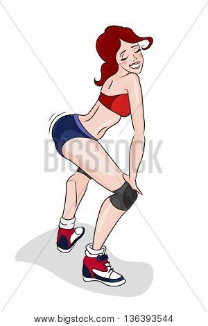 Twerk dance. radhair woman. illustration. Woman in red sport bra and blue shorts dancing half-sitting twerk. cartoon illustration isolated on a white background. Booty shake. booty shake dance