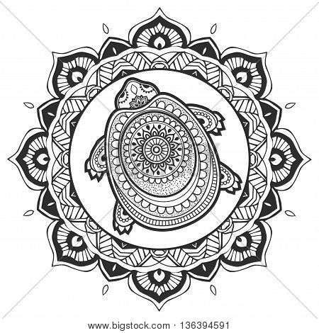 Greeting Beautiful card with turtle. Frame of animal made in vector. Etno Style. Turtle Illustration for design, pattern, textiles. Hand drawn map with turtle. Coloring book pages