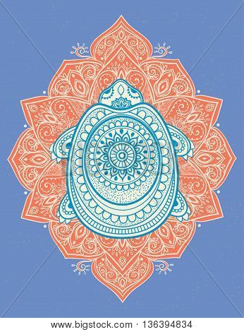 Greeting Beautiful card with turtle. Frame of animal made in vector. Etno Style. Turtle Illustration for design, pattern, textiles. Hand drawn map with turtle. Coloring book pages