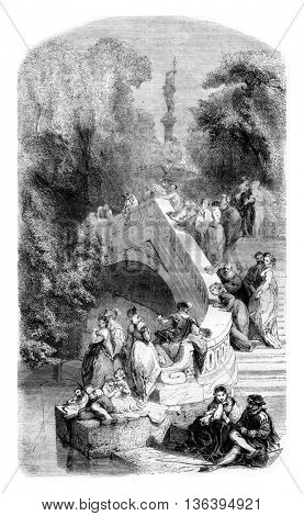 1852 Exhibition of Painting, Fishing, fall stage, vintage engraved illustration. Magasin Pittoresque 1852.