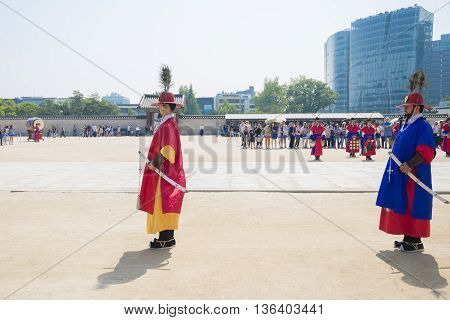 SEOULSouth Korea - MAY 22: Changing of the Royal guard ceremony at the Gwanghwamun main Gate of Gyeongbokgung Palace. MAY 22 2016 in Seoul South Korea