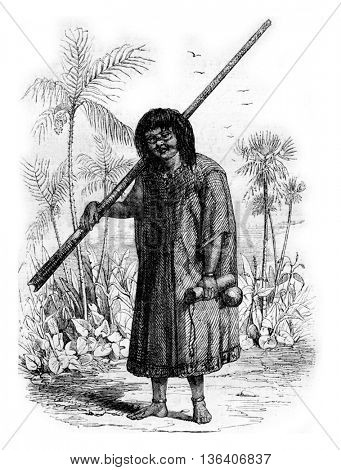 Indian Conibos, vintage engraved illustration. Magasin Pittoresque 1852.