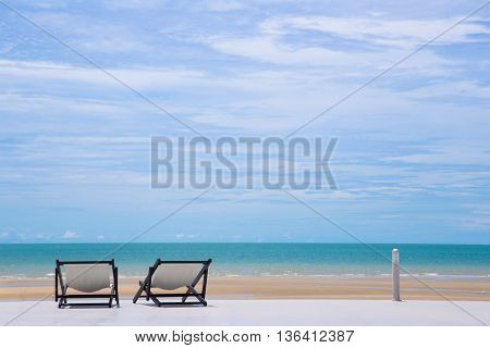 Sea Landscape dock platform with two chairs Love concept background