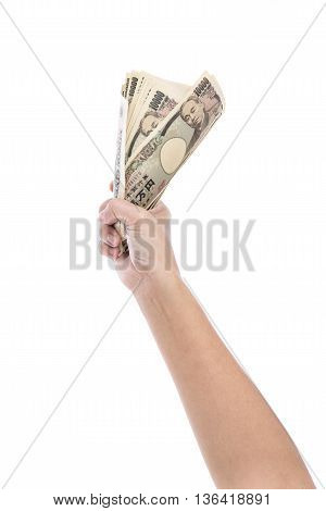Asian'woman Hand holding Japanese banknote on white background isolated