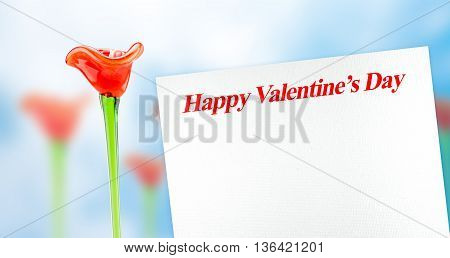 Many Red Flower With Happy Valentines Day Word On White Paper With Blur Blue Abstract Background,lov