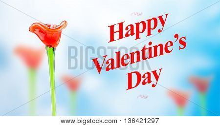 Happy Valentines Day Word With Red Glass Flower Fields On Blur Abstract Blue Background, Love Concep