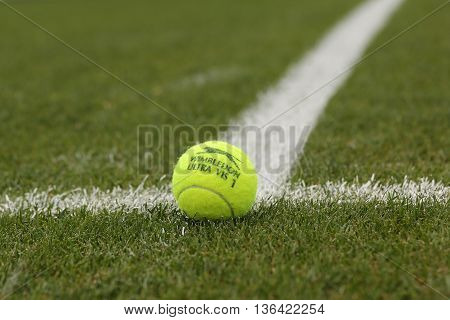 NEW YORK - JULY 21, 2015: Slazenger Wimbledon Tennis Ball on grass tennis court. Slazenger Wimbledon Tennis Ball exclusively used and endorsed by The Championships, Wimbledon