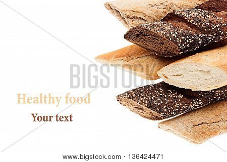 Cut baguette bread of different varieties on a white background. Rye wheat and whole grain bread. Isolated. Decorative frame of bread. Food background. Copy space.