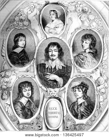 Portraits of Constantijn Huygens and his children by Van Dyck, the Musee de la Hague, vintage engraved illustration. Magasin Pittoresque 1861.