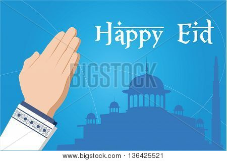 happy eid mubarak islamic greetings with mosque background vector illustration