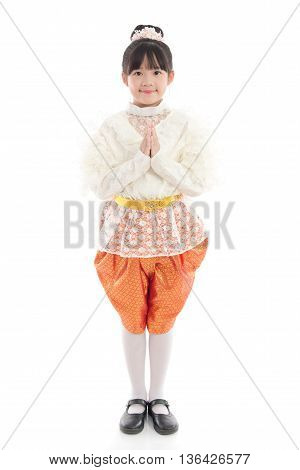 Close up beautiful Asian girl welcome expression Sawasdee
