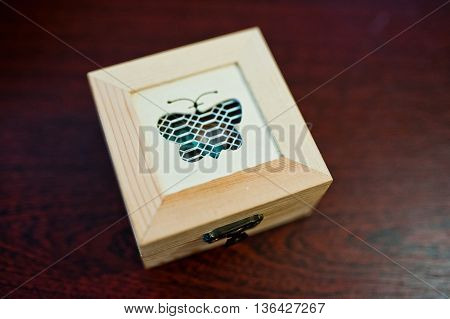 Wooden Decorated Box With Buterfly With Wedding Rings