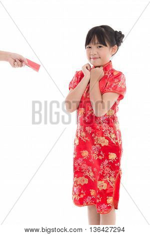 Happy chinese new year concept . smiling asian little girls recives red envelope from her mother on white background isolated