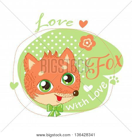 Cute Little Fox In Green Background Vector Illustration. Love Fox Cartoon Vector. T-Shirt Design Vector Illustration With Fox. Cute Fox Shirt.