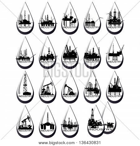 Icons with drilling rigs and pumps for oil extraction. The illustration on a white background.