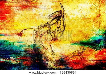 allien hold sand, original drawing on paper. transience and time concept