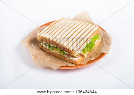 Grilled sandwhich on a plate on a white background