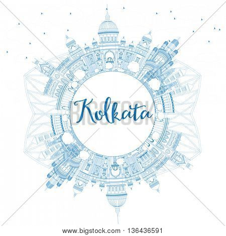 Outline Kolkata Skyline with Blue Landmarks and Copy Space. Business Travel and Tourism Concept with Historic Buildings. Image for Presentation Banner Placard and Web Site.