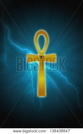 Ankh and light with lightning the background