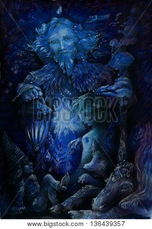 woodland quardian at night with fairy beings, illustration.